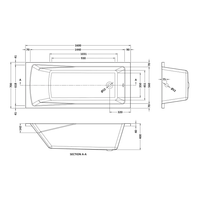 Hereford Square Shower Bath 1600x700 & 6mm Easy Clean Matt Black Grid Bath Screen