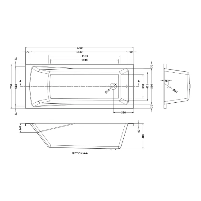 Hereford Square Shower Bath 1700x700 & 6mm Easy Clean Matt Black Grid Bath Screen