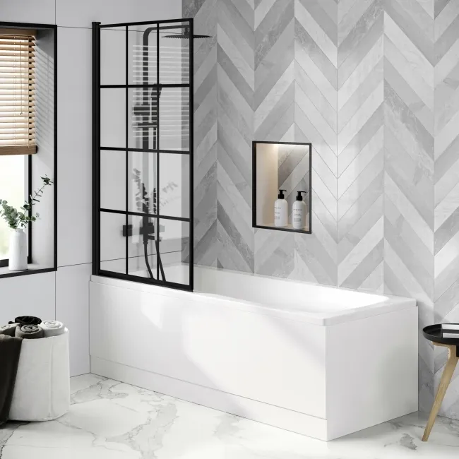 Hereford Square Shower Bath 1700x750 & 6mm Easy Clean Matt Black Grid Bath Screen