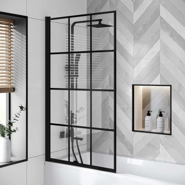 Hereford Square Shower Bath 1700x750 & 6mm Easy Clean Matt Black Grid Bath Screen