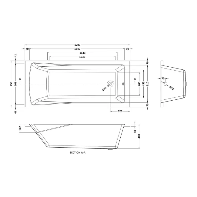 Hereford 1700x750 Square Shower Bath & 6mm Easy Clean Matt Black Grid Bath Screen