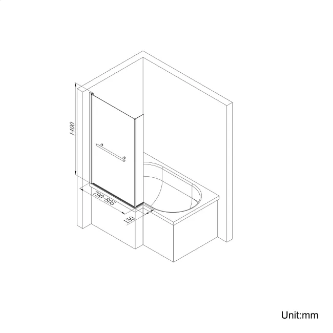 L Shaped 1500 Shower Bath & 6mm Easy Clean Screen with Rail - Right Handed
