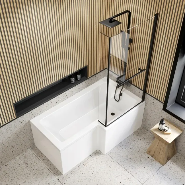 L Shaped 1500 Shower Bath & 6mm Matt Black Easy Clean Screen with Rail - Right Handed