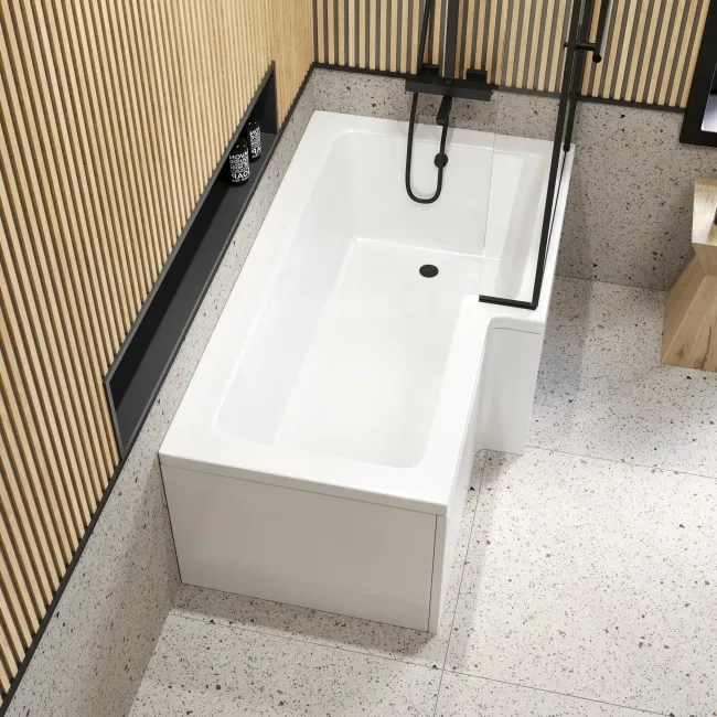 L Shaped 1500 Shower Bath & 6mm Matt Black Easy Clean Screen with Rail - Right Handed