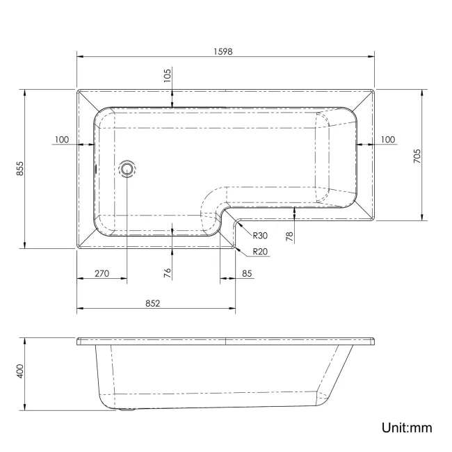 L Shaped 1600 Shower Bath & 6mm Easy Clean Screen with Rail - Left Handed