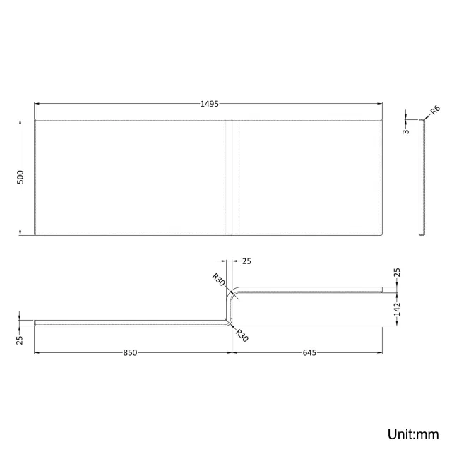 L Shaped 1500 Shower Bath with Front Panel & 6mm Matt Black Easy Clean Screen with Rail - Right Handed