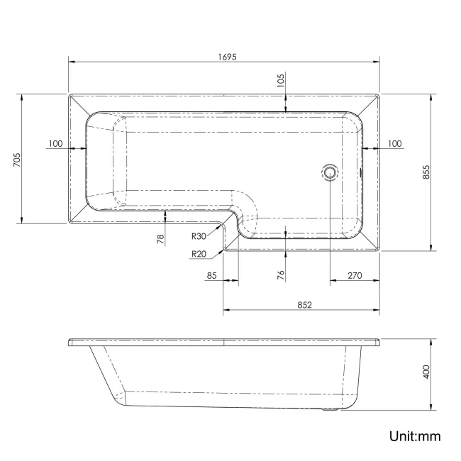 L Shaped 1700 Shower Bath with Front Panel & 6mm Easy Clean Screen with Rail - Right Handed