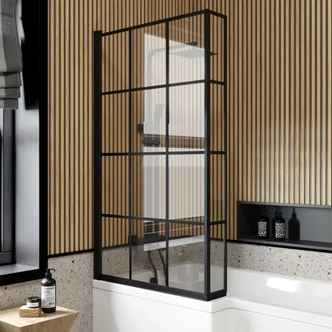 L Shaped 1600 Shower Bath with Front Panel & 6mm Easy Clean Matt Black Grid Bath Screen - Left Handed