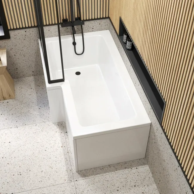 L Shaped 1600 Shower Bath with Front Panel & 6mm Easy Clean Matt Black Framed Bath Screen - Left Handed