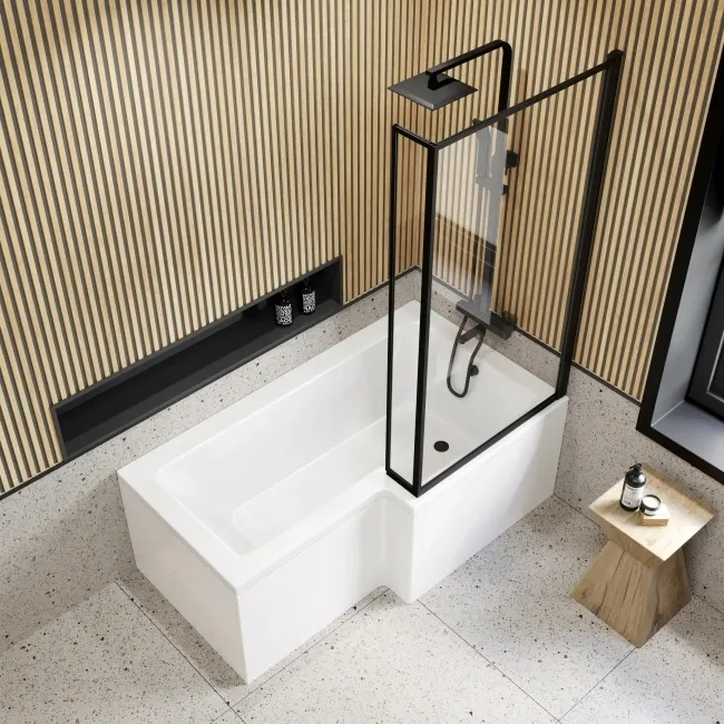 L Shaped 1600 Shower Bath with Front Panel & 6mm Easy Clean Matt Black Framed Bath Screen - Right Handed
