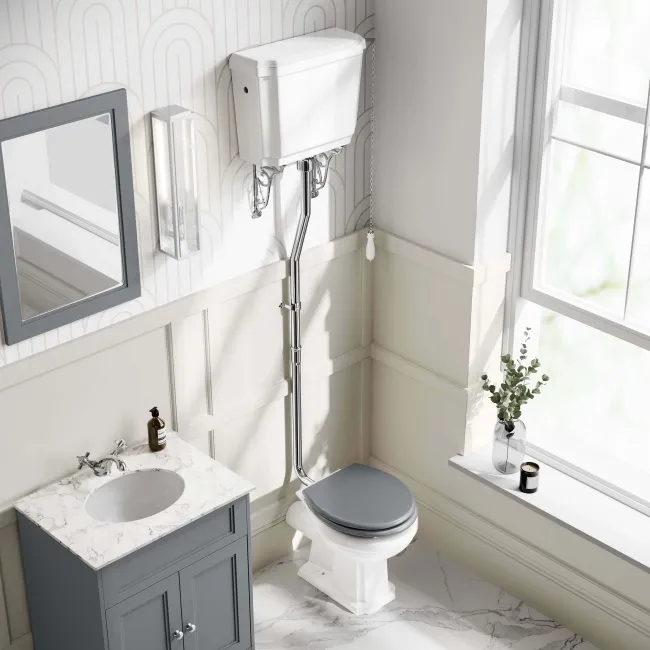 Hudson Traditional Toilet With High-Level Cistern and Dove Grey Wooden Seat
