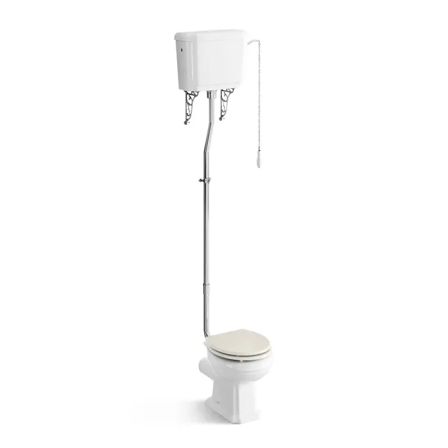 Hudson Traditional Toilet With High-Level Cistern and Chalk White Wooden Seat