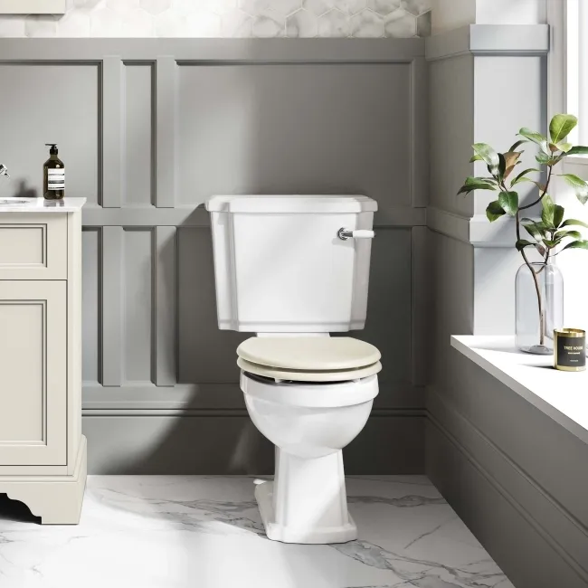 Hudson Traditional Close Coupled Toilet With Chalk White Wooden Seat