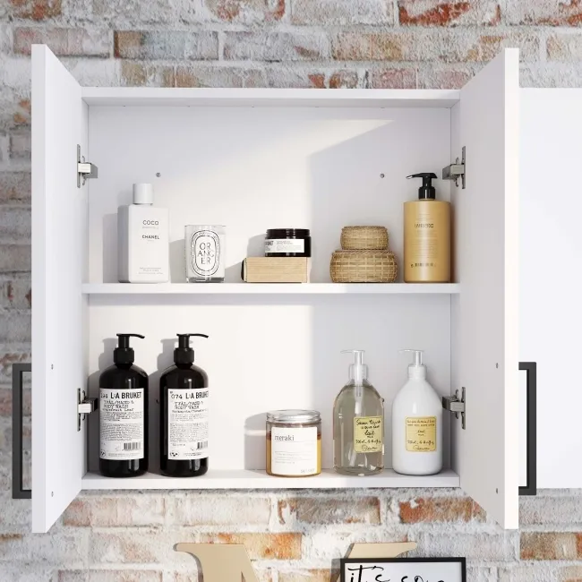 White Wall Hung Cabinet 600x600mm - Black Accents