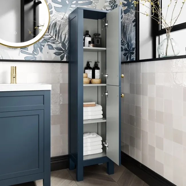 Bermuda Inky Blue Floor Standing Tall Cabinet 1500x350mm - Brushed Brass Accents