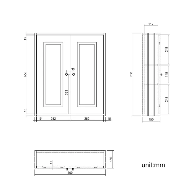 Chalk White Wall Hung Cabinet 700x600mm - Brushed Brass Accents