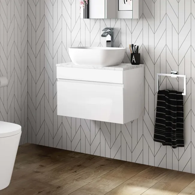 Trent Gloss White Wall Hung Drawer Vanity with Marble Top & Curved Counter Top Basin 600mm