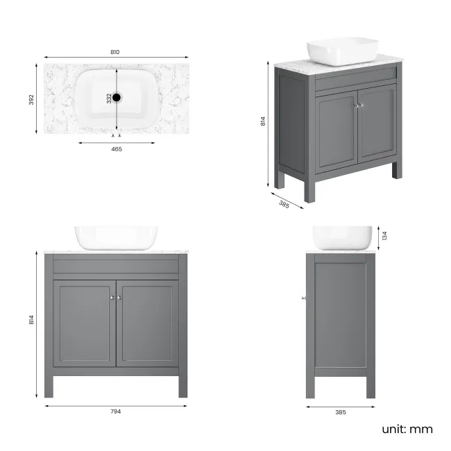Bermuda Dove Grey Vanity with Marble Top & Curved Counter Top Basin 800mm