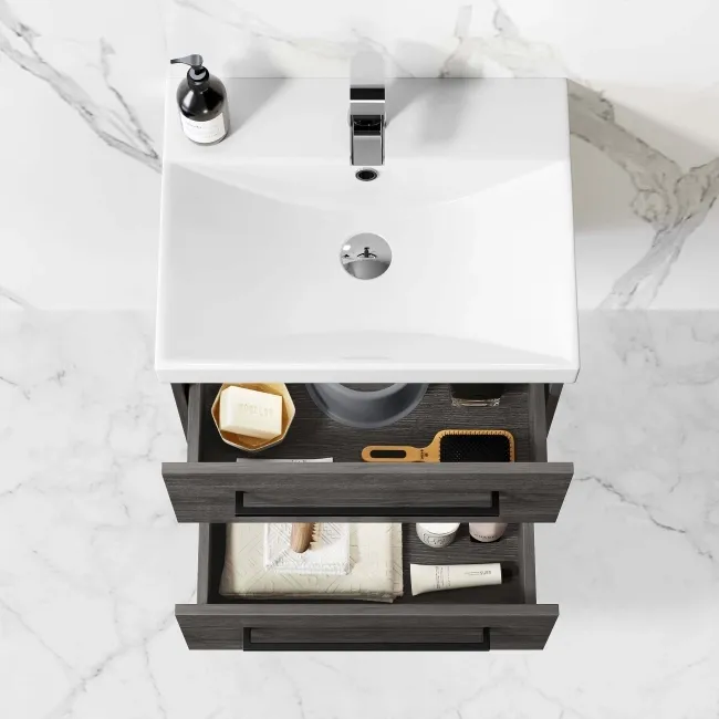 Elba Charcoal Elm Wall Hung Basin Drawer Vanity 500mm - Black Accents