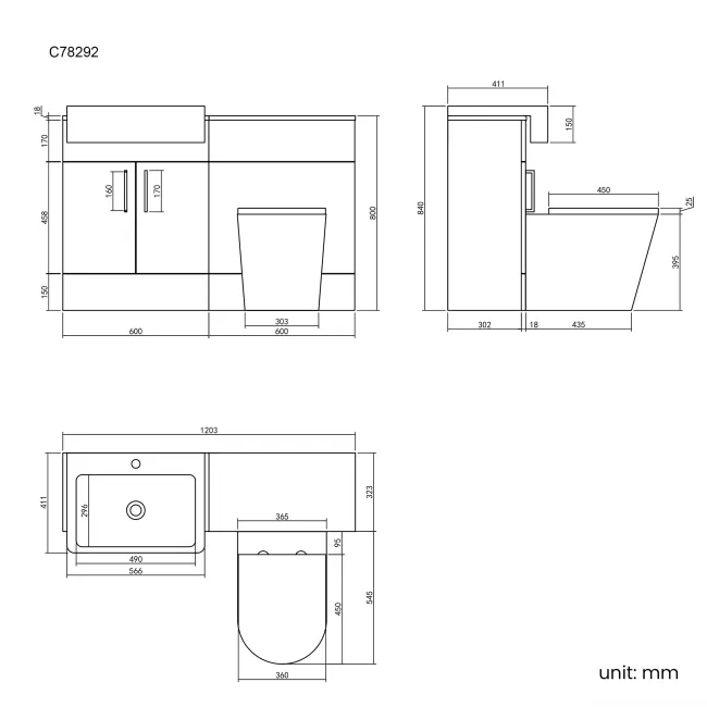 Harper Charcoal Elm Combination Vanity Basin and Boston Toilet 1200mm - Black Accents