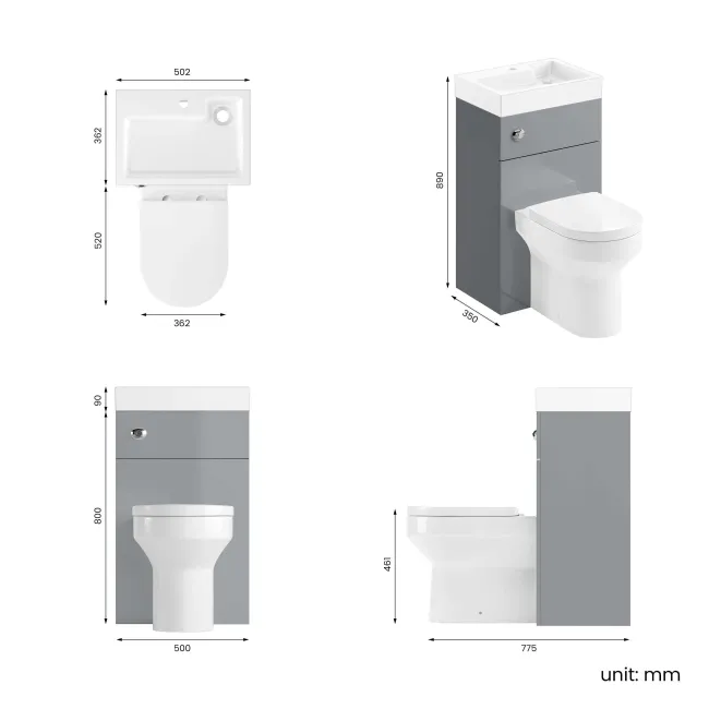Ohio Stone Grey 2-In-1 Combined Wash Basin & Denver Toilet 500mm
