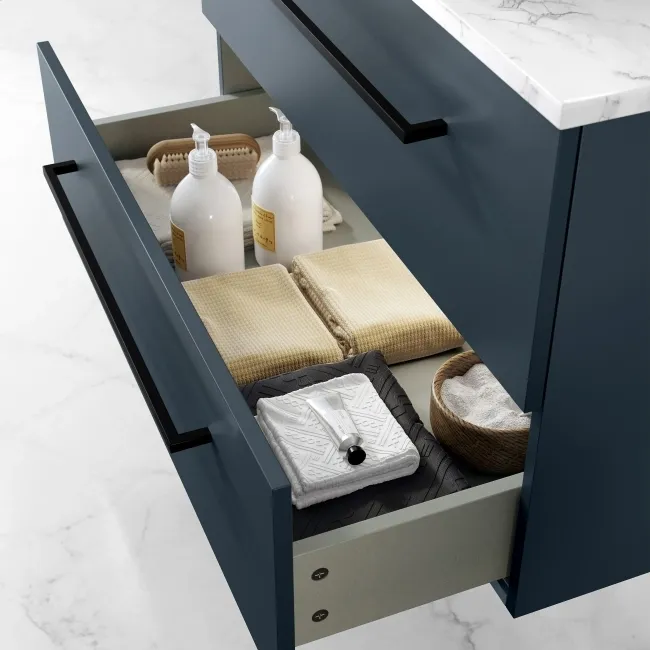 Elba Inky Blue Wall Hung Drawer Vanity with Marble Top & Curved Counter Top Basin 800mm - Black Accents
