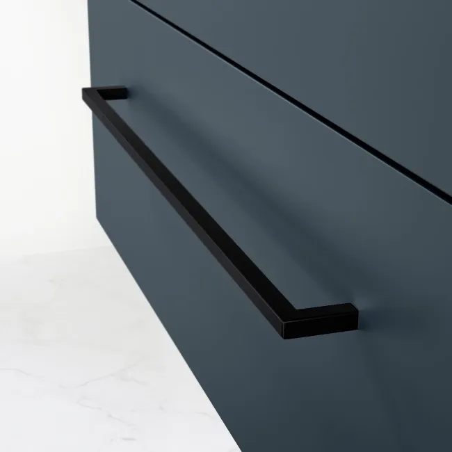 Elba Inky Blue Wall Hung Drawer Vanity with Marble Top & Curved Counter Top Basin 800mm - Black Accents