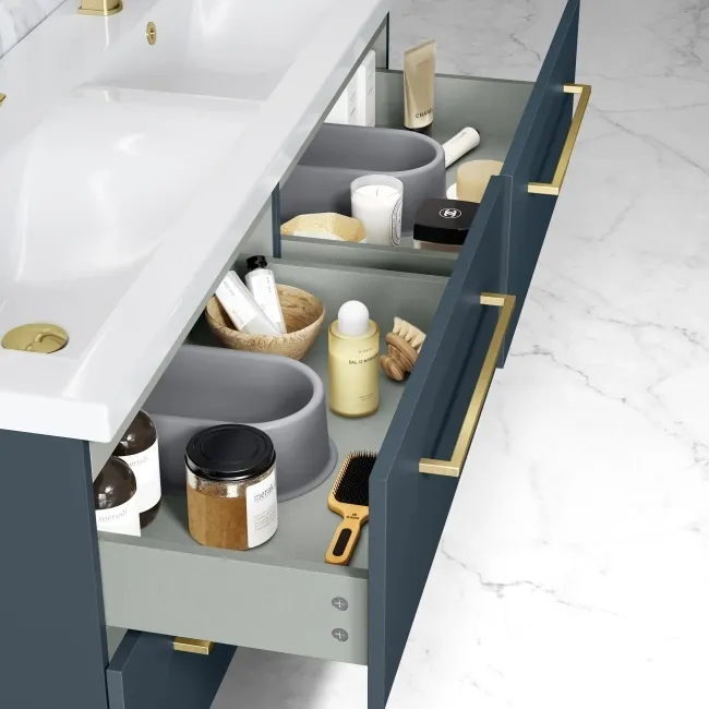 Elba Inky Blue Wall Hung Double Basin Drawer Vanity 1200mm - Brushed Brass Accents