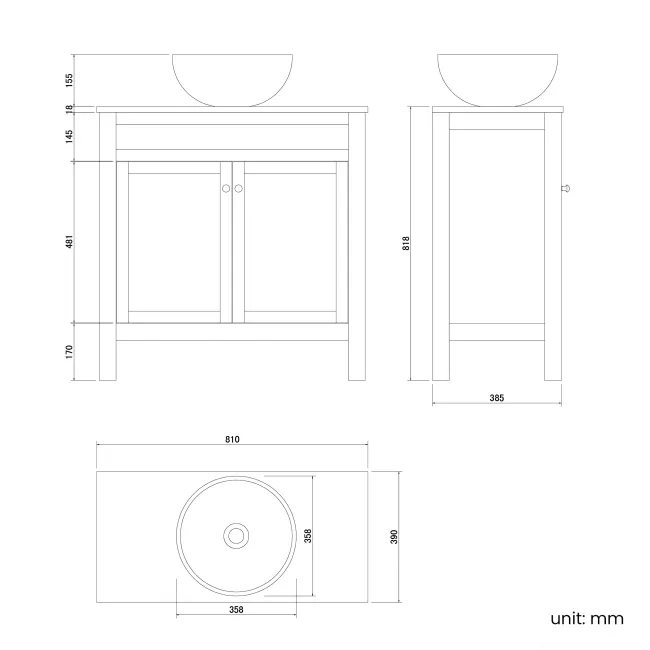 Bermuda Dove Grey Vanity with Round Counter Top Basin 800mm - Brushed Brass Accents