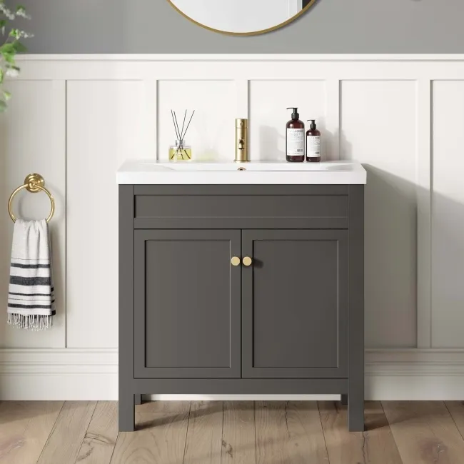 Bermuda Graphite Grey Basin Vanity 800mm - Brushed Brass Accents