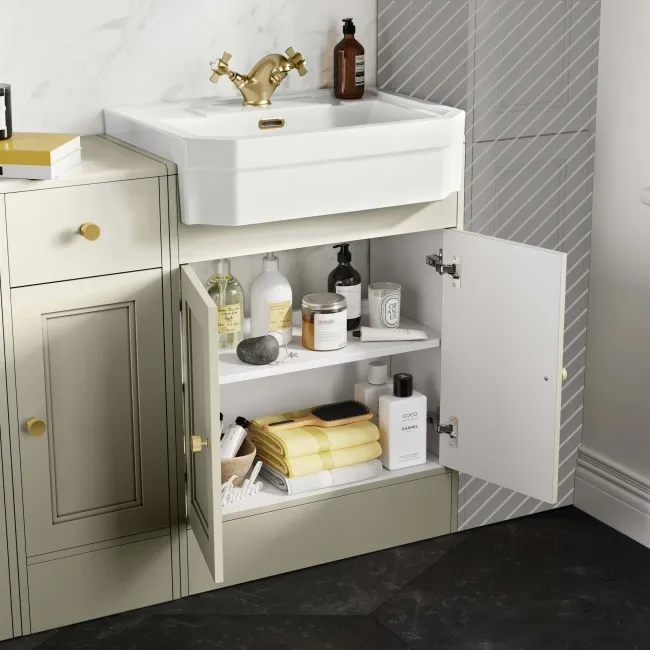 Monaco Chalk White Combination Vanity Traditional Basin 1500mm (Excludes Pan & Cistern) - Brushed Brass Accents