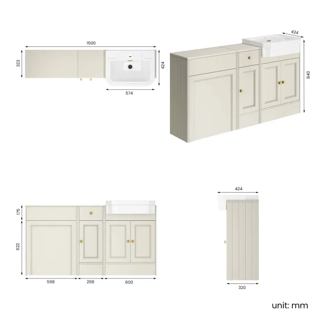 Monaco Chalk White Combination Vanity Traditional Basin 1500mm (Excludes Pan & Cistern) - Brushed Brass Accents