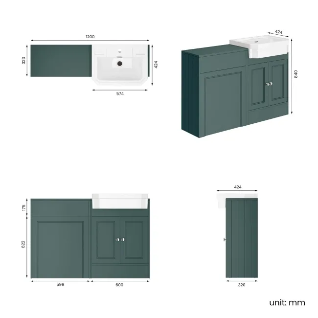 Monaco Midnight Green Traditional Basin Vanity and Back To Wall Unit 1200mm (Excludes Pan & Cistern)
