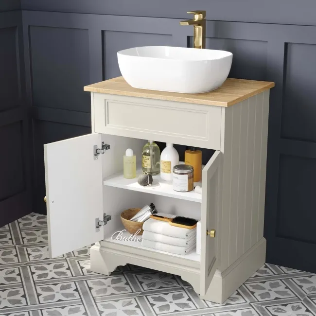Lucia Chalk White Vanity with Oak Effect Top & Curved Counter Top Basin 640mm - Brushed Brass Accents