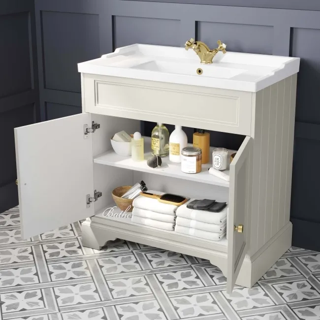 Lucia Chalk White Basin Vanity 830mm - Brushed Brass Accents