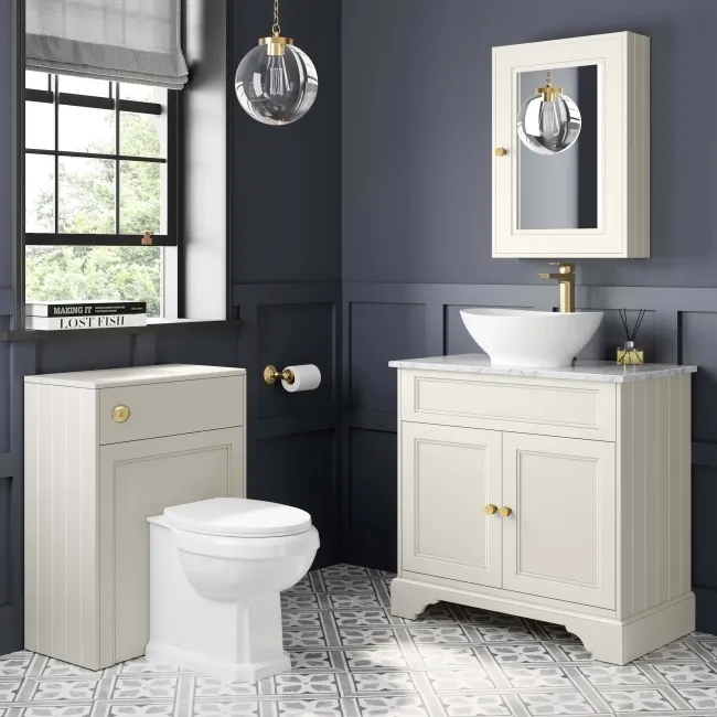 Lucia Chalk White Vanity with Marble Top & Oval Counter Top Basin 840mm - Brushed Brass Accents