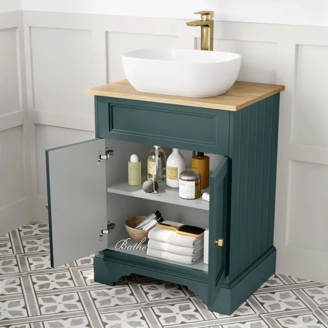 Lucia Midnight Green Vanity with Oak Effect Top & Curved Counter Top Basin 640mm - Brushed Brass Accents
