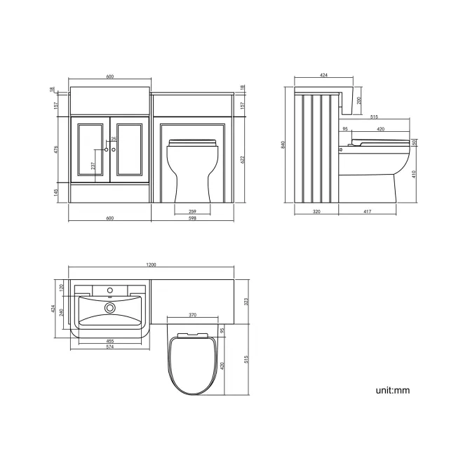 Monaco Graphite Grey Combination Vanity Traditional Basin and Seattle Toilet 1200mm - Brushed Brass Accents