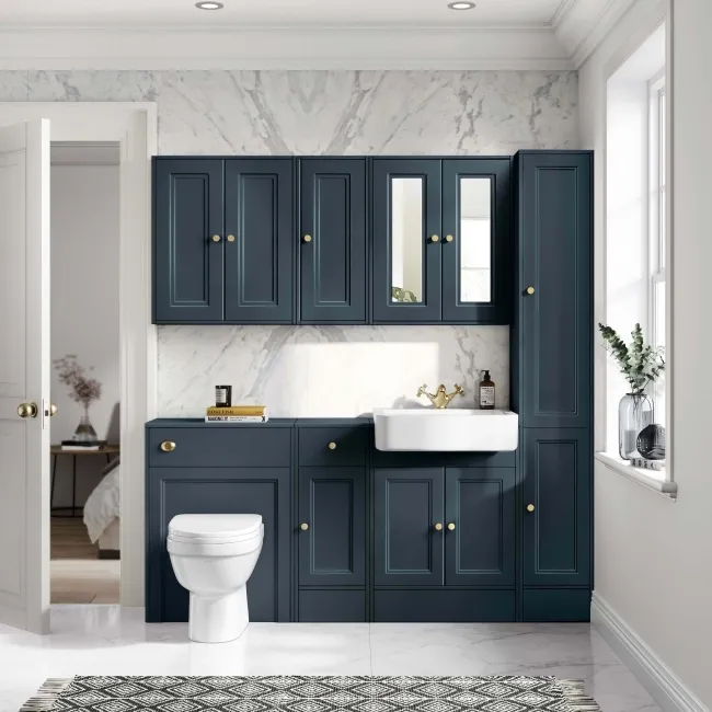 Monaco Inky Blue Combination Vanity Basin and Seattle Toilet 1500mm - Brushed Brass Accents