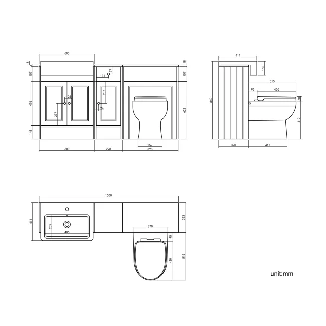 Monaco Inky Blue Combination Vanity Basin and Seattle Toilet 1500mm - Brushed Brass Accents