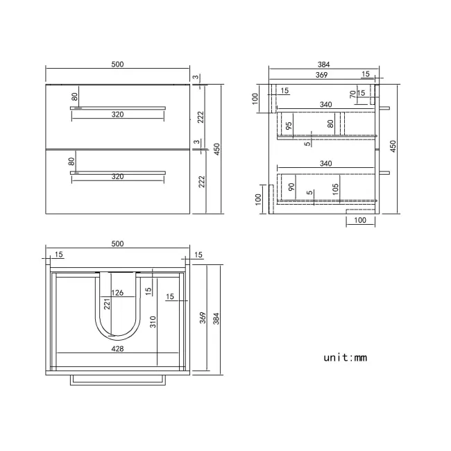 Elba Gloss White Wall Hung Basin Drawer Vanity 500mm - Black Accents