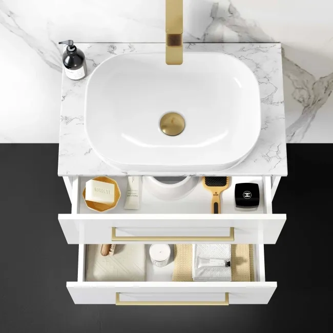 Elba Gloss White Wall Hung Drawer Vanity with Marble Top & Curved Counter Top Basin 600mm - Brushed Brass Accents