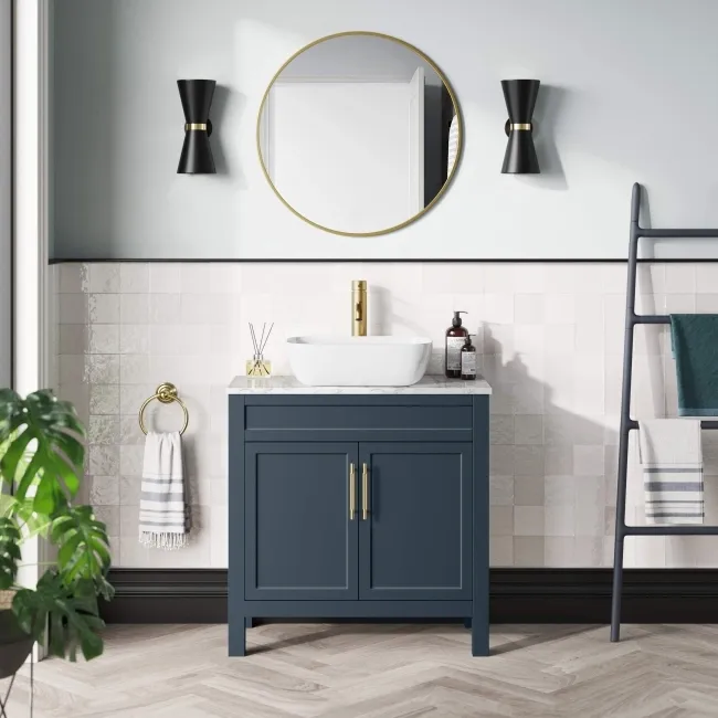 Bermuda Inky Blue Vanity with Marble Top & Curved Counter Top Basin 800mm - Brass Knurled Handles