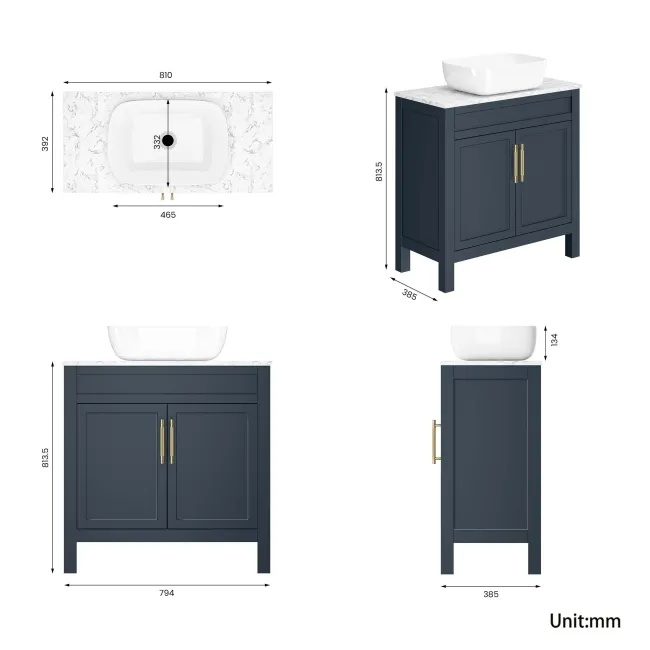 Bermuda Inky Blue Vanity with Marble Top & Curved Counter Top Basin 800mm - Brass Knurled Handles