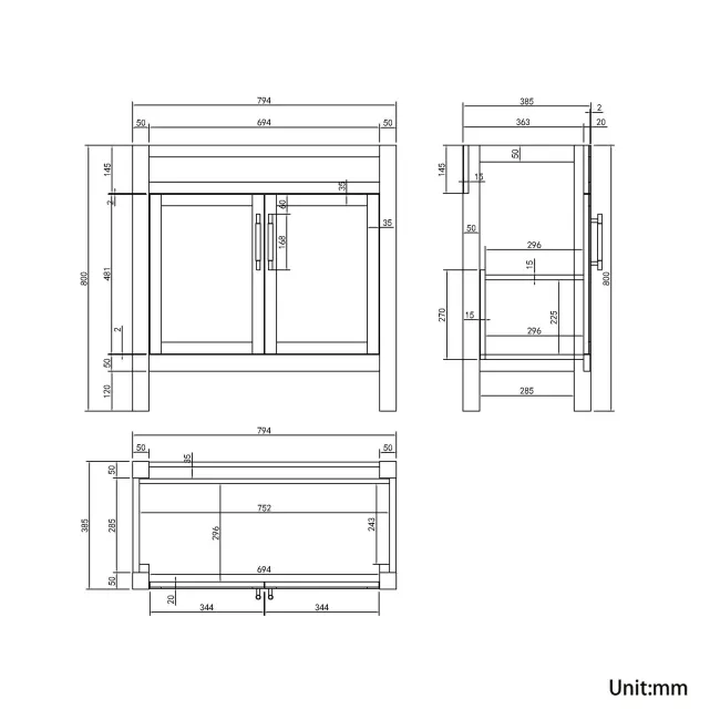 Bermuda Inky Blue Vanity with Marble Top & Curved Counter Top Basin 800mm - Brass Knurled Handles