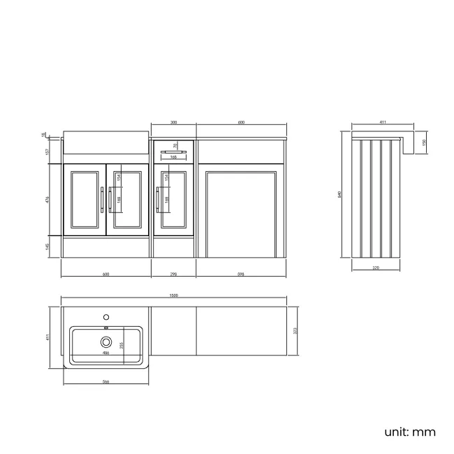 Monaco Chalk White Combination Vanity Basin 1500mm (Excludes Pan & Cistern) - Brass Knurled Handles