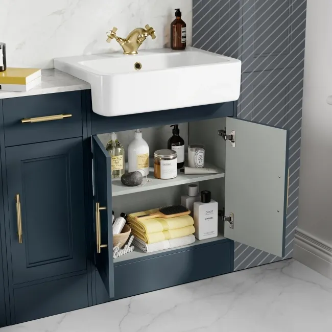 Monaco Inky Blue Combination Vanity Basin with Marble Top and Boston Toilet 1500mm - Brass Knurled Handles