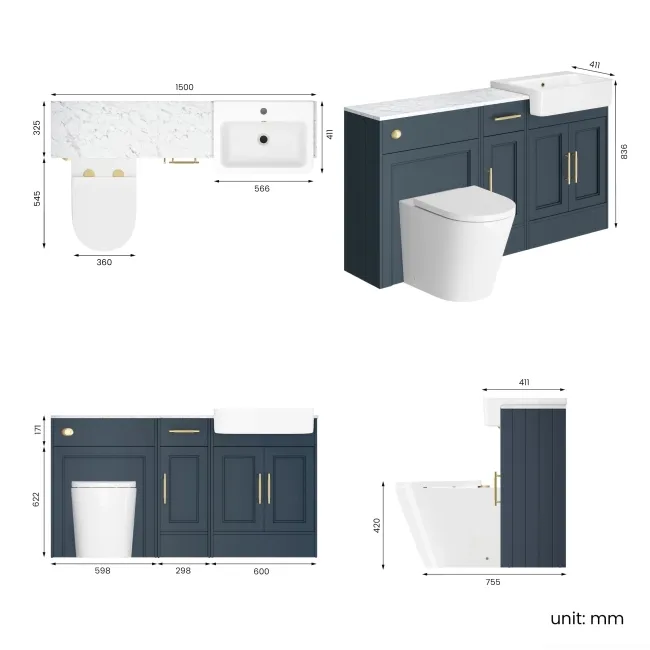 Monaco Inky Blue Combination Vanity Basin with Marble Top and Boston Toilet 1500mm - Brass Knurled Handles