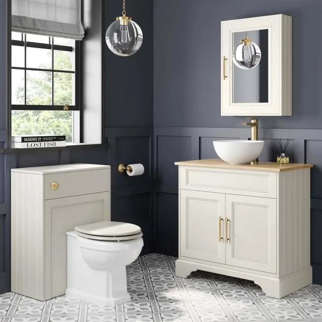 Lucia Chalk White Vanity with Oak Effect Top & Round Counter Top Basin 840mm - Brass Knurled Handles