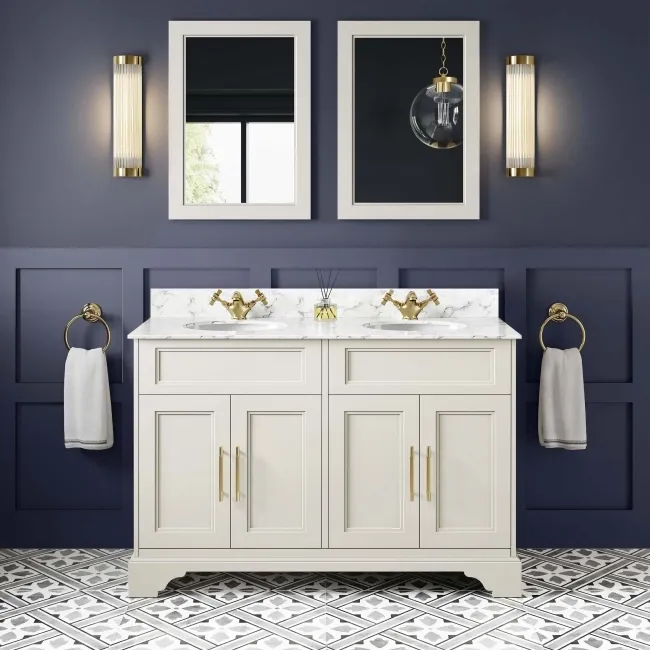 Lucia Chalk White Double Vanity with Marble Top & Undermount Basins 1200mm - Brass Knurled Handles